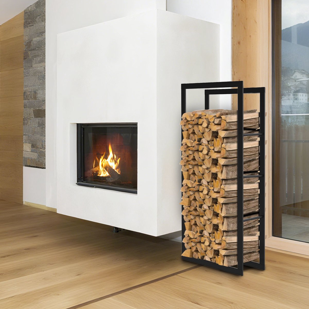 Brandhoutrek haardhoutrek van zwart metaal, 100 x 40 x 25 cm, draagvermogen 150 kg, geventileerde houtopslag met antislipvoeten