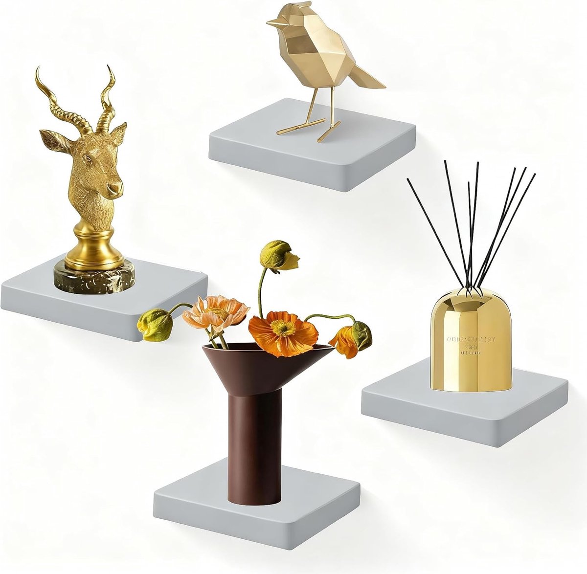 Set van 4 zwevende wandplanken van massief hout, decoratieve opbergplanken voor badkamer, slaapkamer en woonkamer – Grijs, 15.2 cm vierkant