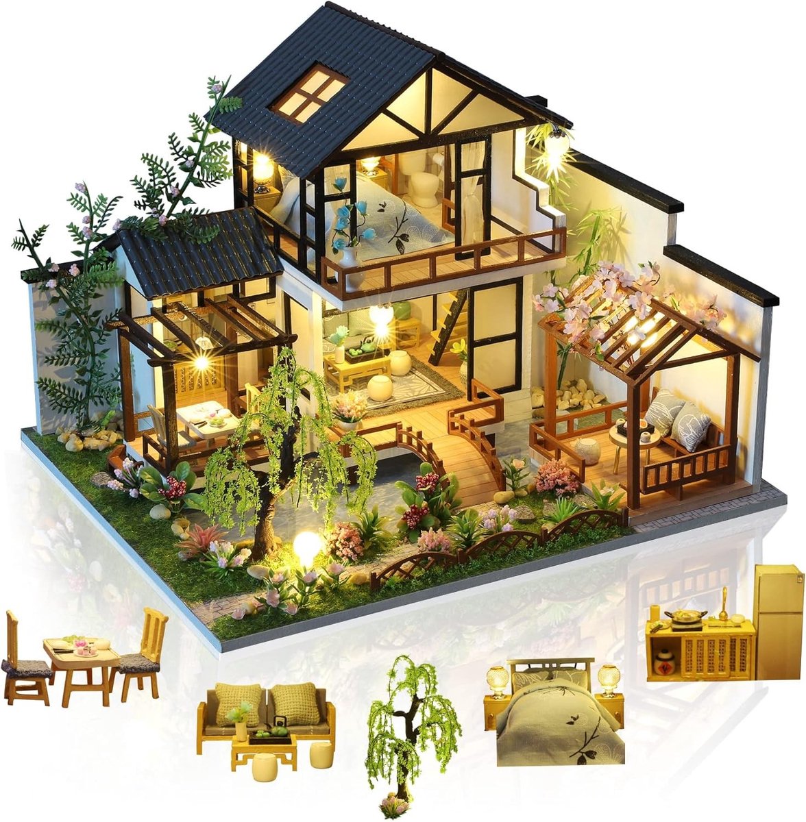 DIY Miniatuur Poppenhuis Set met Meubels, Muziek en Gereedschap - Perfecte Gift voor Thuis en Creatieve Klussen in Oosterse Stijl