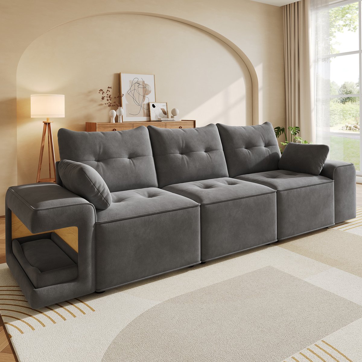 Modulaire "Cloud"-bank met brede armleuningen – ingebouwde huisdiernisjes – opbergruimte onder zitting – 2 kussens – fluwelen bekleding – grijs – banken meubels
