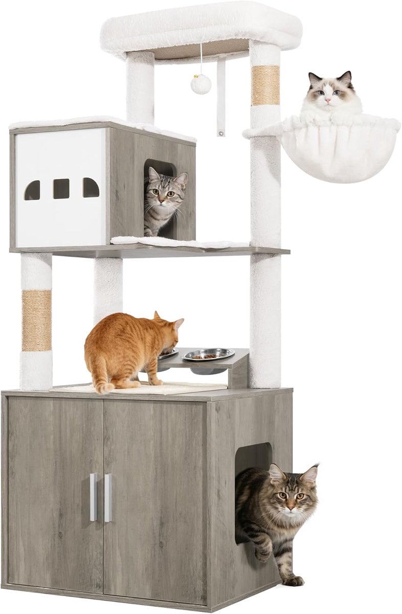 Hzuaneri Katzenbaum, Kratzbaum mit Katzenklo-Schrank,150 cm, Greige