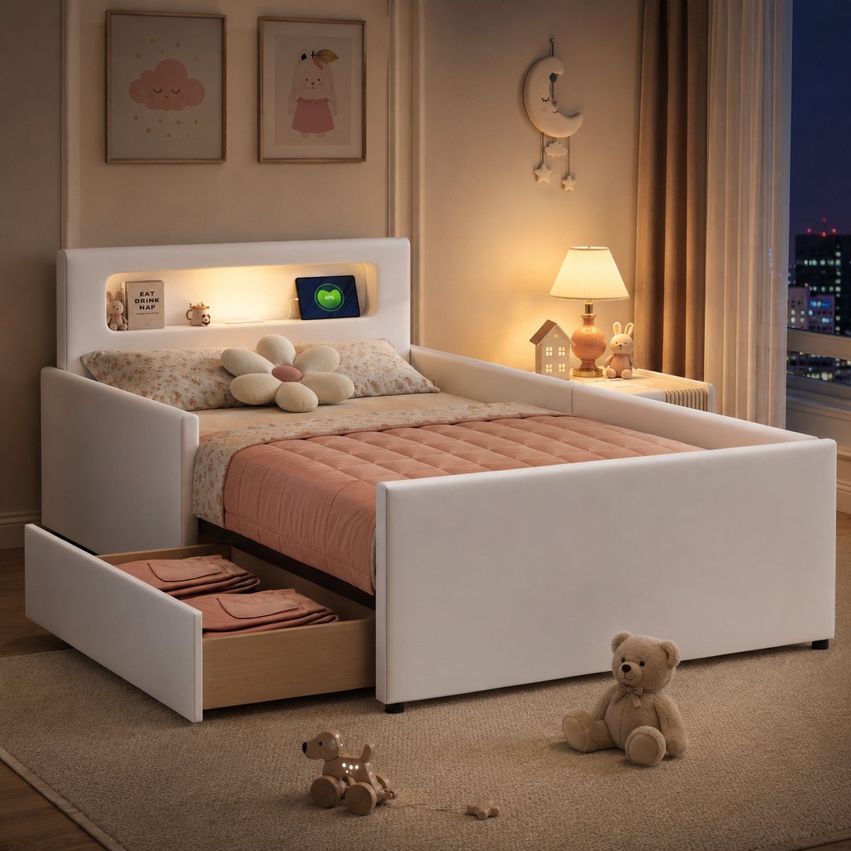 Kinderbed 90x200 cm - Eenpersoonsbed 90x200 cm - Vloerbed - Gestoffeerd bed - Multifunctioneel bed - Met hoofdbord - Met opbergvak - Met nachtlampje - Met USB-oplaadpoort - Veilig en comfortabel - Wit