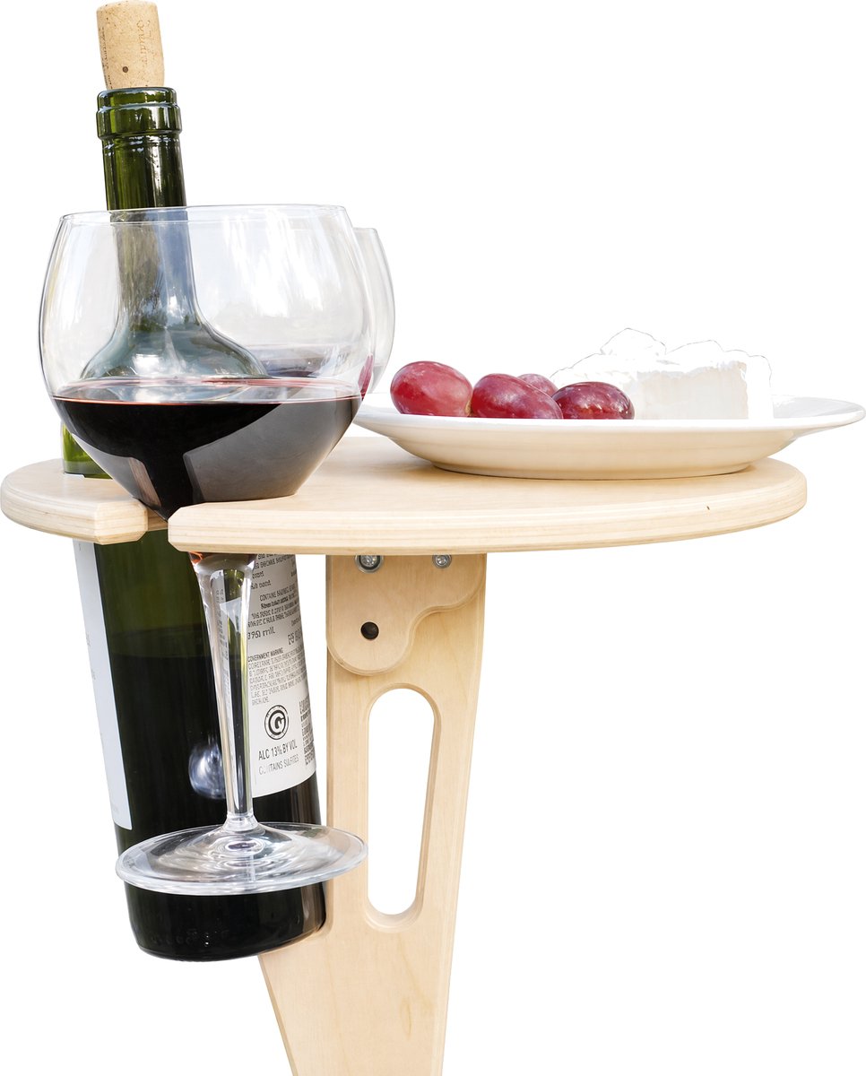 Houten Wijnpicknicktafel – 20 × 30 cm – Opvouwbaar met Fles- en Glashouders – Voor Strand, Picknick, Camping en Tuin