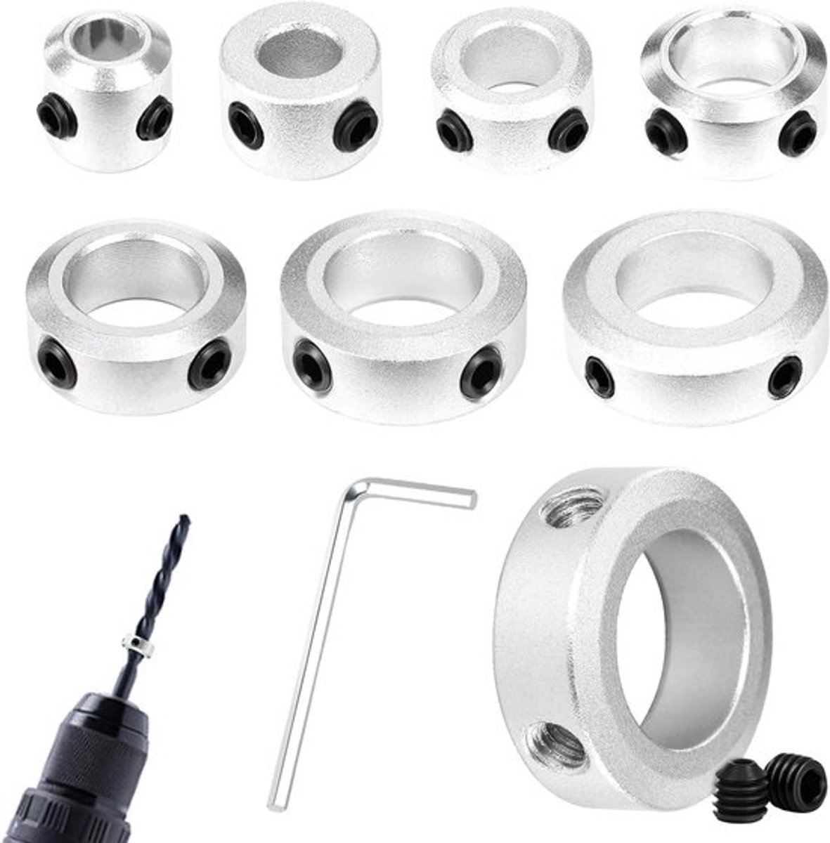 Set van 8 Verstelringen 4/6/8/10/12/16/18/20 mm met Afstelbout en Inbussleutel, Ideaal voor het Bevestigen van Lagers en Tandwielen, Diepte Stopringen voor Precisie en Stabiliteit