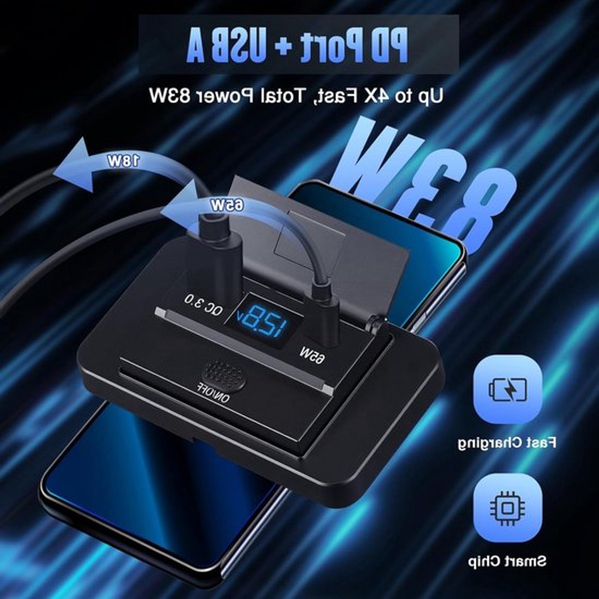 12V USB C Oplaadpoort Auto Lader voor Mobiele Telefoons - Snelladen 65W PD3.0, 18W QC3.0, Waterdicht met Digitale Voltmeter en Schakelaar voor Auto, Boot en Camper – foto 2