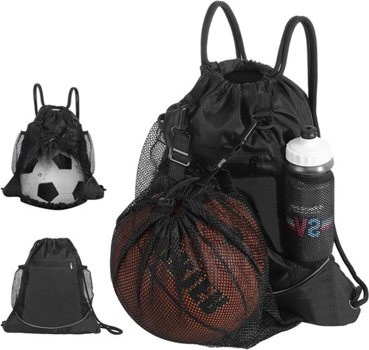 Sportieve Drawstring Rugzak voor Basketbal en Voetbal, Opvouwbare Gymtas met Twee Waterfleshouders voor Sport en Fitness, Zwart