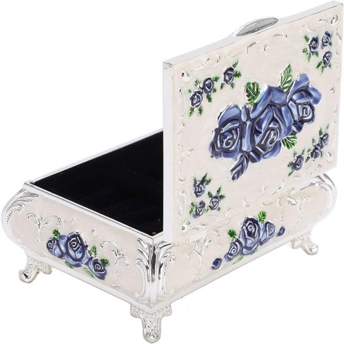 Elegante Vintage Sieradenbox met Gegraveerd Ontwerp voor Ringen en Oorbellen in Zilver, Wit en Blauw Roze