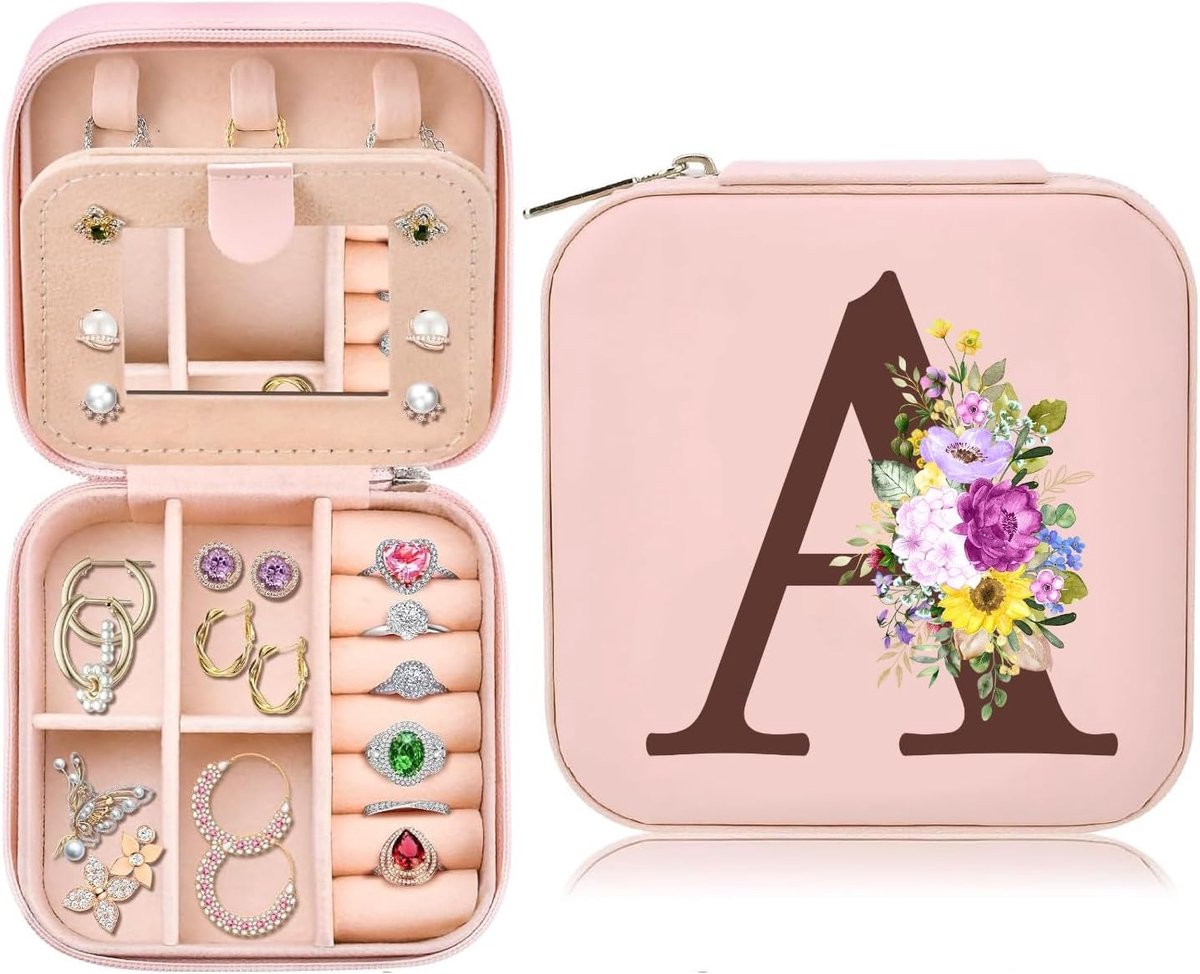 Sieradendoosje - Roze - 10 x 10 x 5 cm - Compact Sieradenetui met Spiegel - Voor Dames en Meisjes