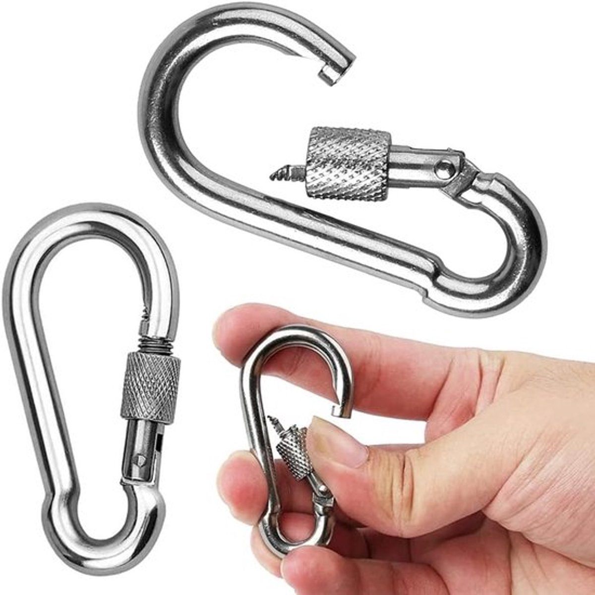 Set van 2 Sterke RVS Schroef Karabiners: Grote en Robuuste Haak voor Veiligheid, Kamperen en Klimmen, Draagvermogen tot 240 kg