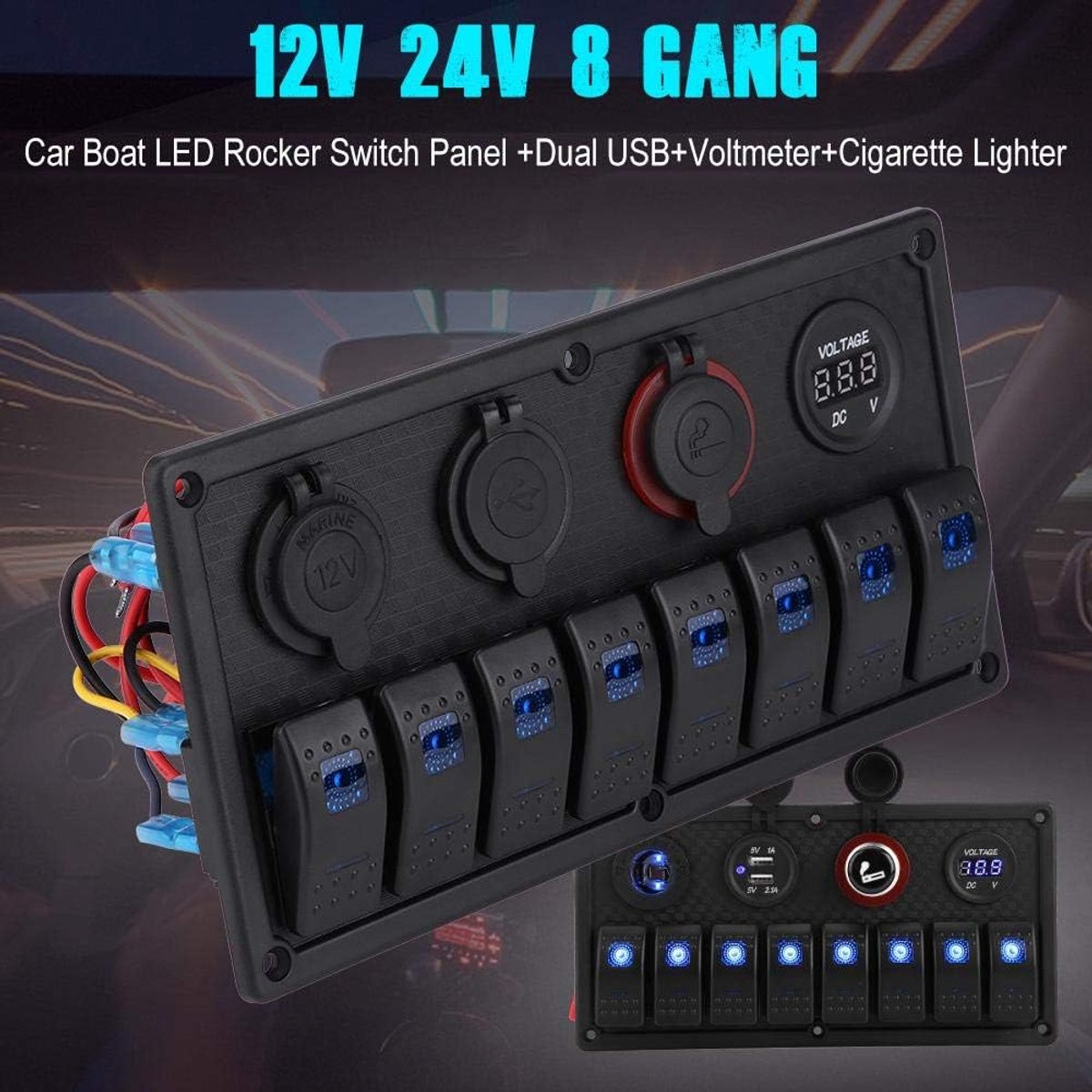 SnelShoppen - Riloer 8 Gang Rocker Switch On Off Paneel met Overload Bescherming en USB Voltmeter, Voor Boot en Auto, Blauw, 12V/24V