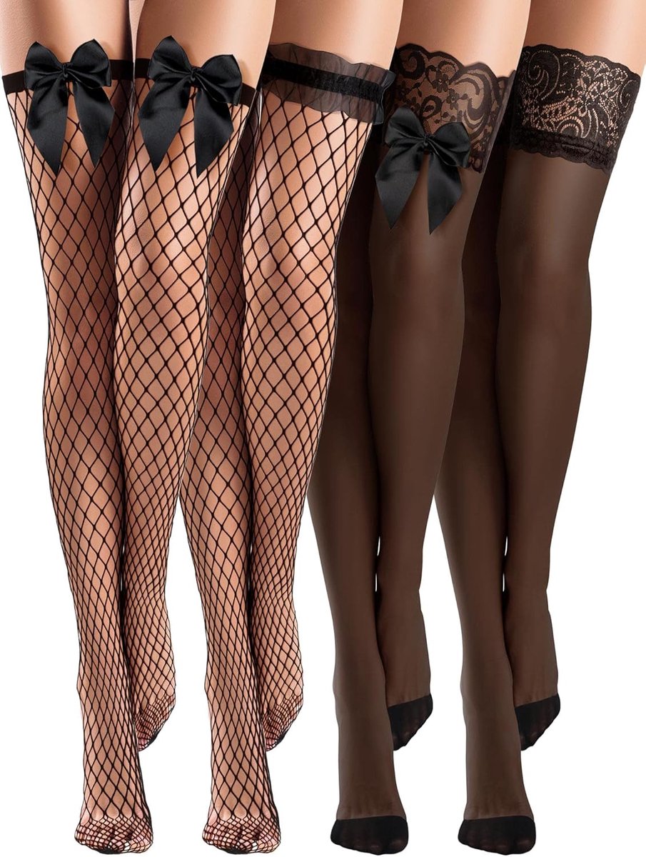 SnelShoppen - 4 Paar Dames Zelfklevende Visnet Kousen, Doorzichtige Dijen Kousen met Kant Bovenkant van Silicone (Retro Zwart, M) voor Feest, Avondkle