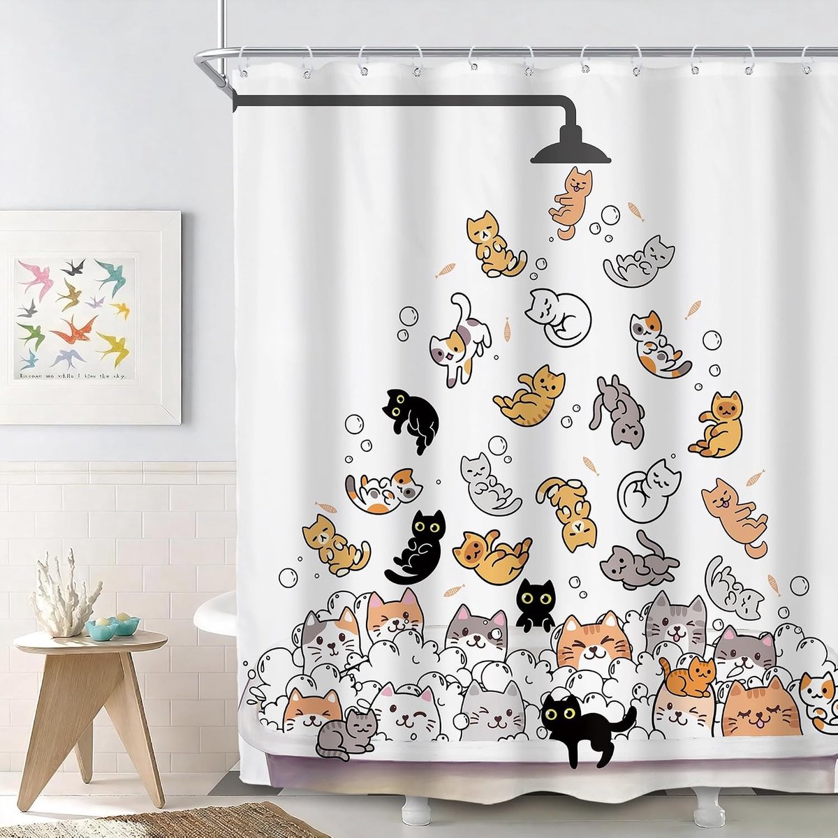 KZQ Grappig kat douchegordijn 200x180 cm - Kleurrijk cartoon ontwerp - Waterdicht en wasbaar voor kinderen en badkamer - Inclusief haken