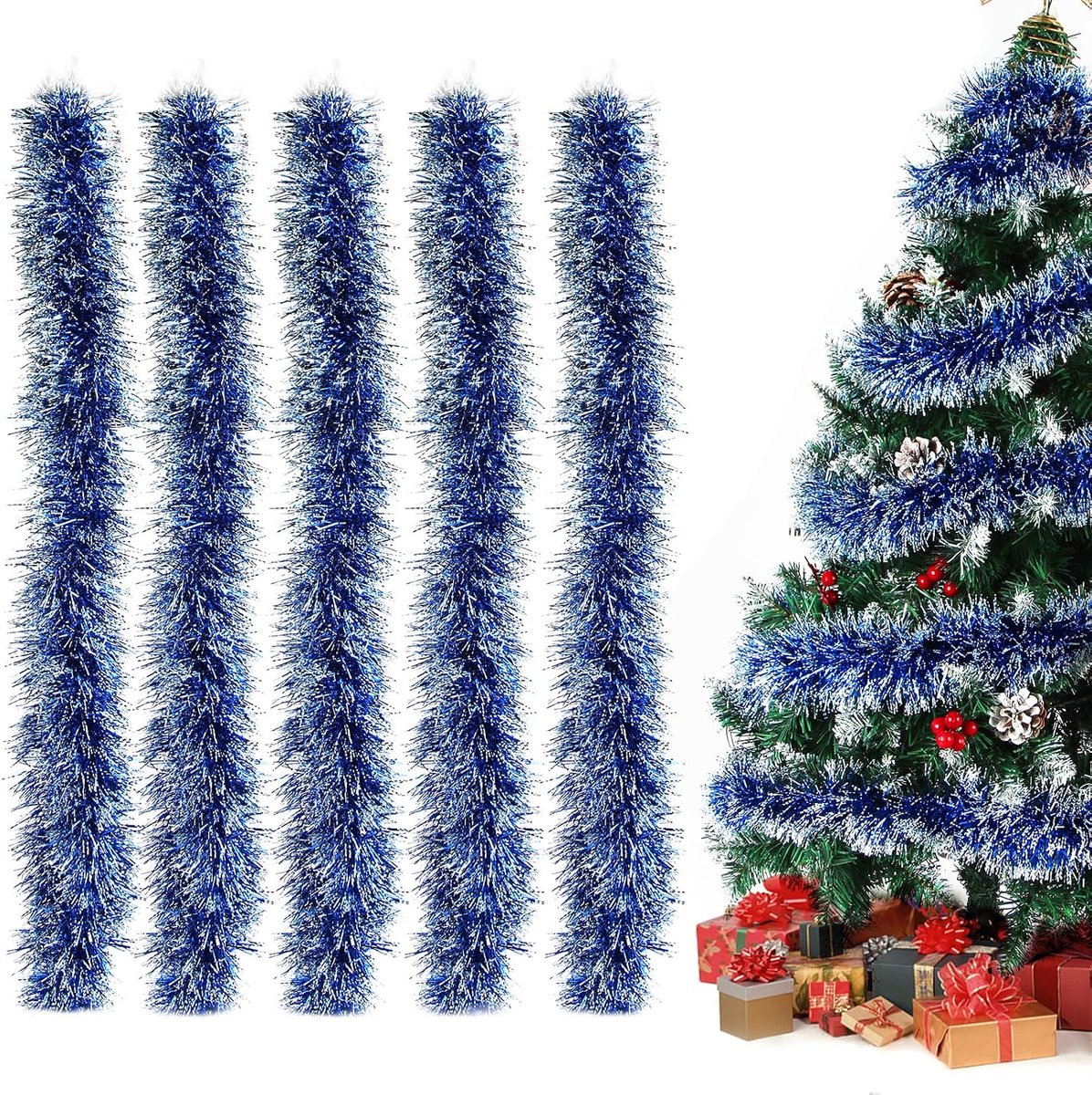 SnelShoppen - Lametta Garland Blauw, 5 Stuks, Shiny Kerstgarlands, Kerstdecoratie, Versiering voor de Kerstboom, Decoratieve Garland, 12m Lang