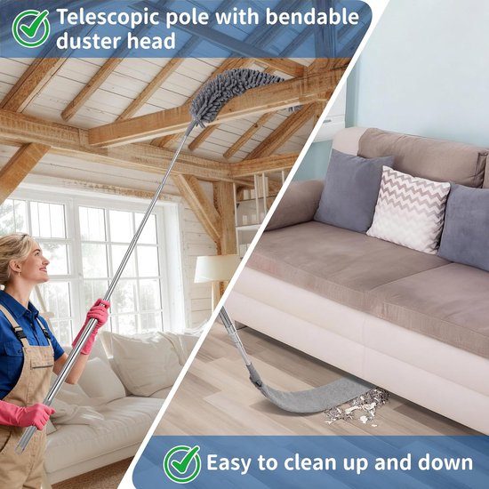 Stofveger Set - Telescoopsteel Plumeau - Hoge Plekken Schoonmaken - Flexibele Microvezelkop - Tot 250cm - Grijs — afbeelding 5
