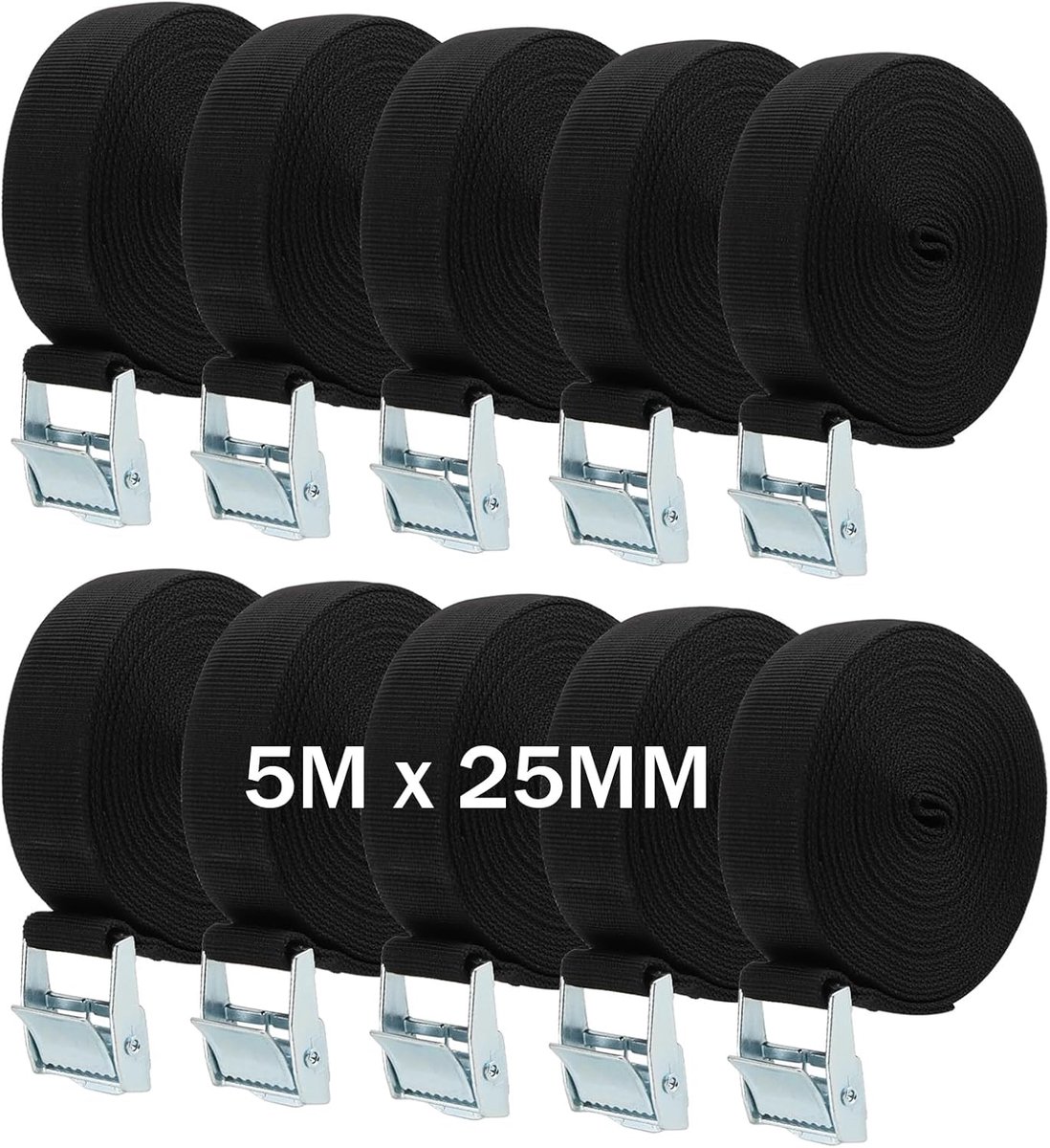 SnelShoppen - Pack van 10 5m x 25mm Verstelbare Heavy Duty Spanbanden met Cam Buckle voor Fietsendrager, Vrachtwagen, Auto Bagage, Zwart
