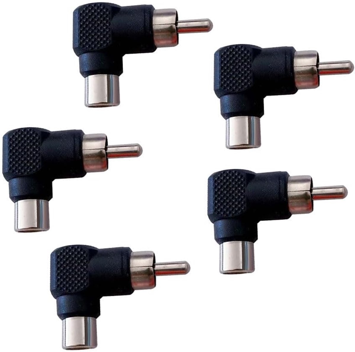 SnelShoppen - 5 Stuks RCA Mannelijk naar RCA Vrouwelijk 90 Graden Hoekplug Adapters voor Kabelverbindingen - Goudgeplated, Ruimtebesparend, Plug & Pla