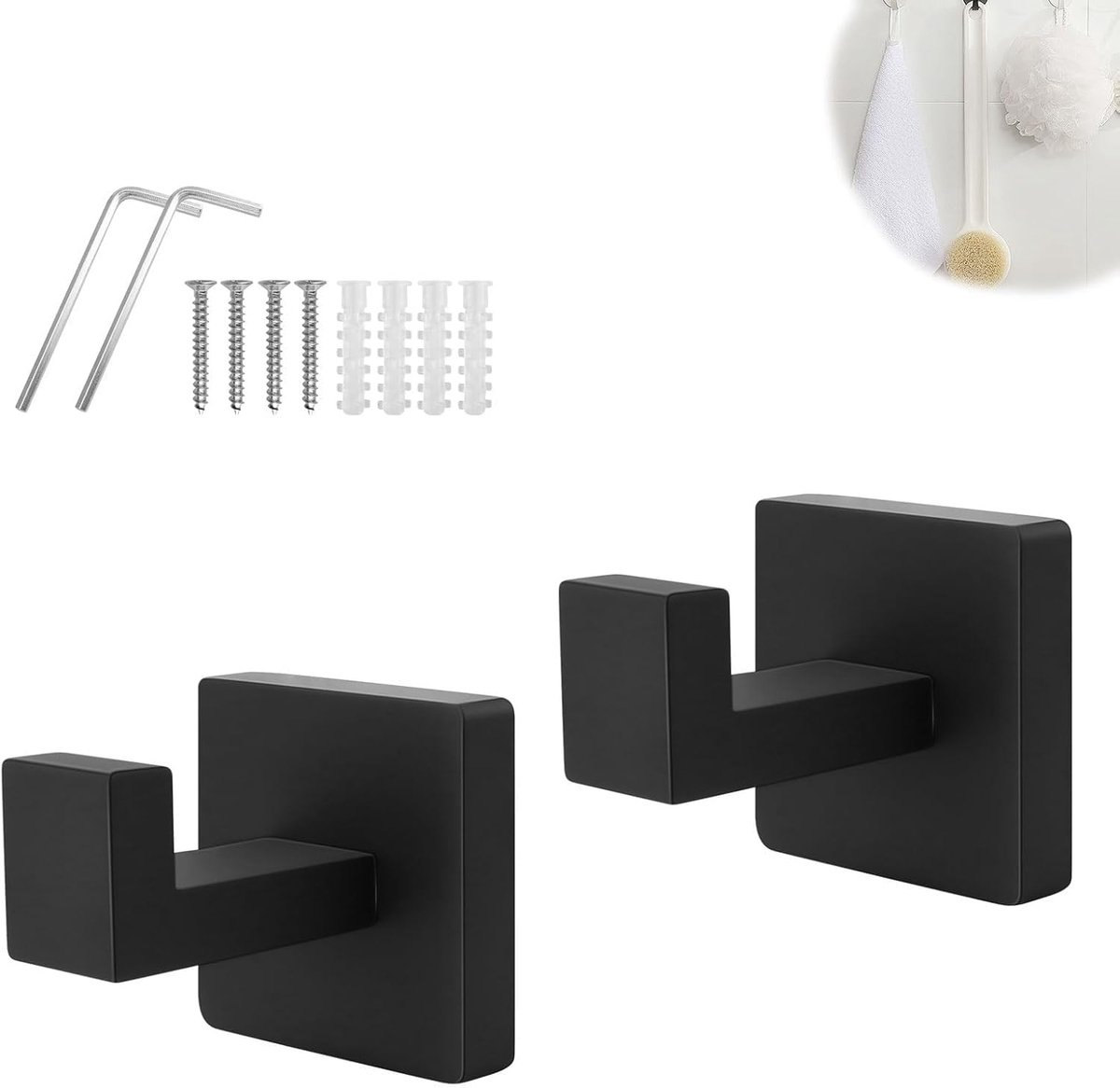 SnelShoppen - Handdoekhaken voor Muurbevestiging, 2 Stuks, Zwarte RVS Handdoekhaken, Mat Zwart, Inclusief Schroeven en Sleutel, Voor Badkamer, Keuken,