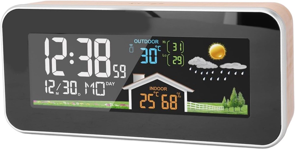 Weersvoorspellingsklok - Hout - LCD-kleurendisplay - Draadloze digitale wekker met temperatuur- en vochtigheidssensor - ShopVlot