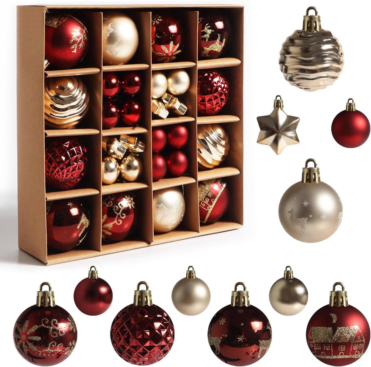 SnelShoppen - 44 Plastic Kerstballen Set, 3 cm & 6 cm, Kerstdecoratie, Diverse Stijlen, Goud, Voor Kerstboom & Feestdagen