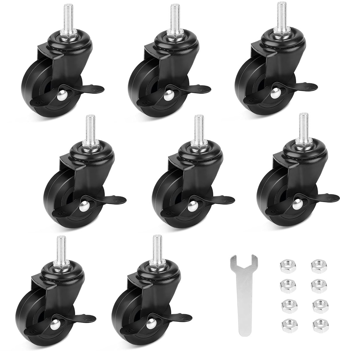 SnelShoppen - Pack van 8 Meubelwielen 50 mm met Rem, Zware Kastenwielen met M8 Draad, Hoogwaardige Vervangingswielen voor Meubels, Zwart, Tot 50 kg pe