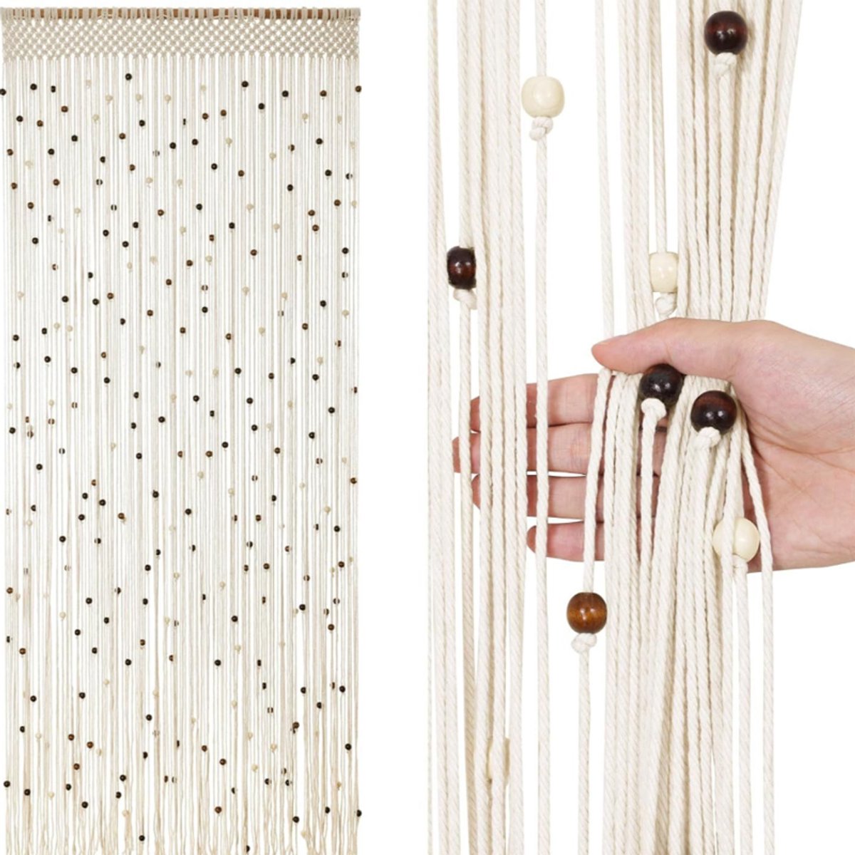 KZQ Handgemaakt macramé kralen gordijn van katoen 90x200 cm - Houten kralen voor deuropening en raam - Boheemse kamerdivider voor privacy en decor - Beige