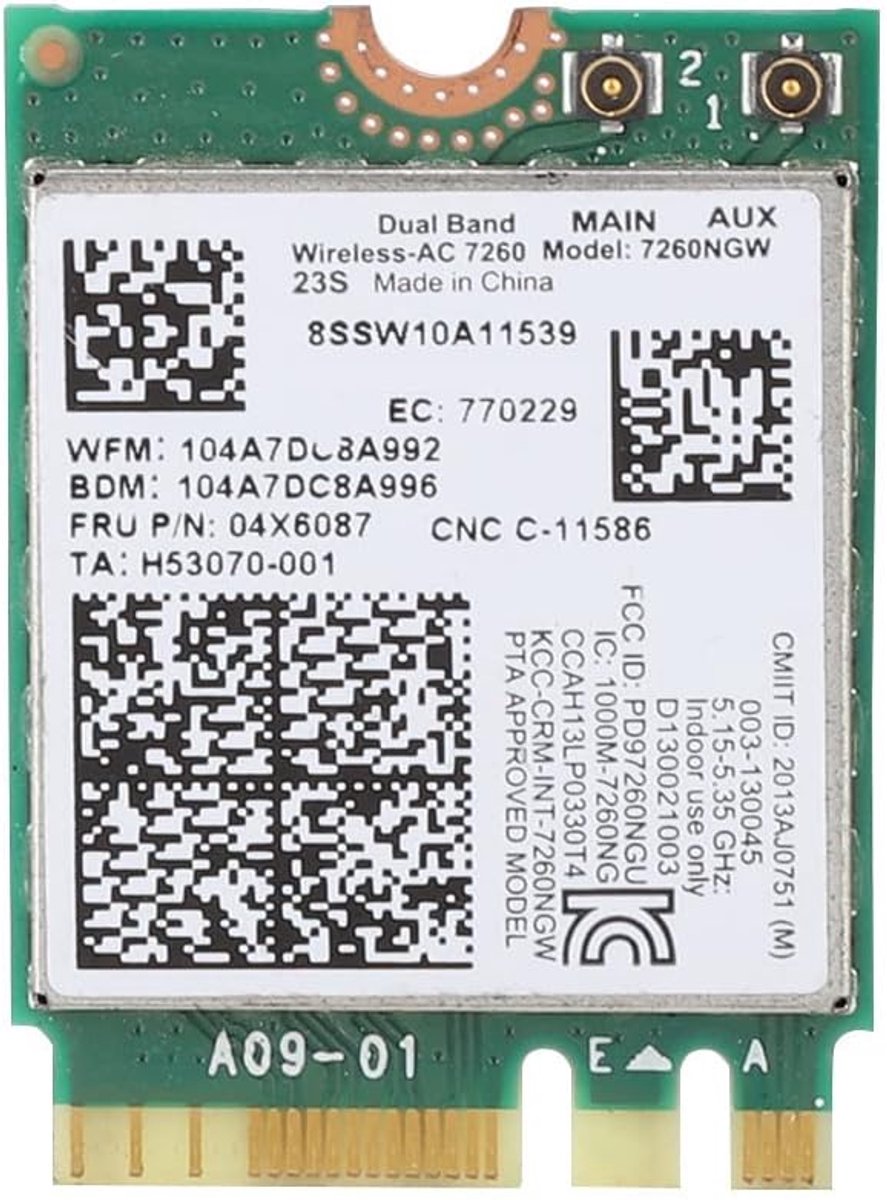 WiFi kaart 7260AC 2.4G/5G - dual-band 802.11ac - maximale snelheid 867 Mbps - geschikt voor ThinkPad notebooks - ShopVlot