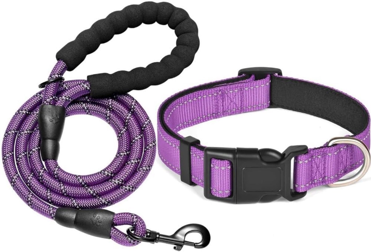 SnelShoppen - Hondenhalsband en Leiding, Reflecterende Hondenhalsband en Leiding, Verstelbare Hondenhalsband, Duurzame Nylon Leiding voor Middelgrote