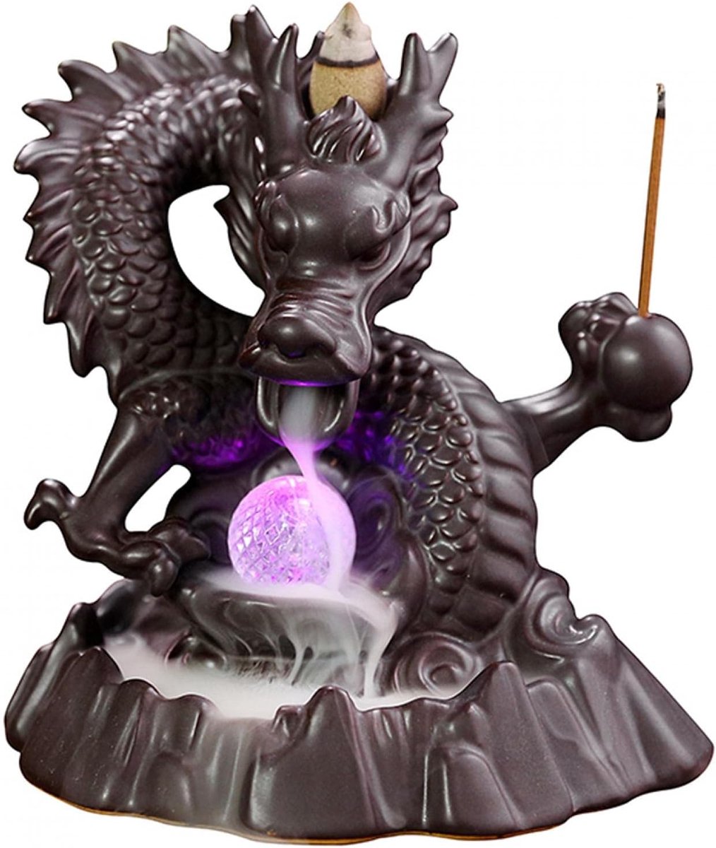 SnelShoppen - Smoke Backflow Wierookbrander, Keramische Wierookhouder, LED Geluks-Draakvormige Wierookhouder, Decoratief Ornament Censer voor Meditati