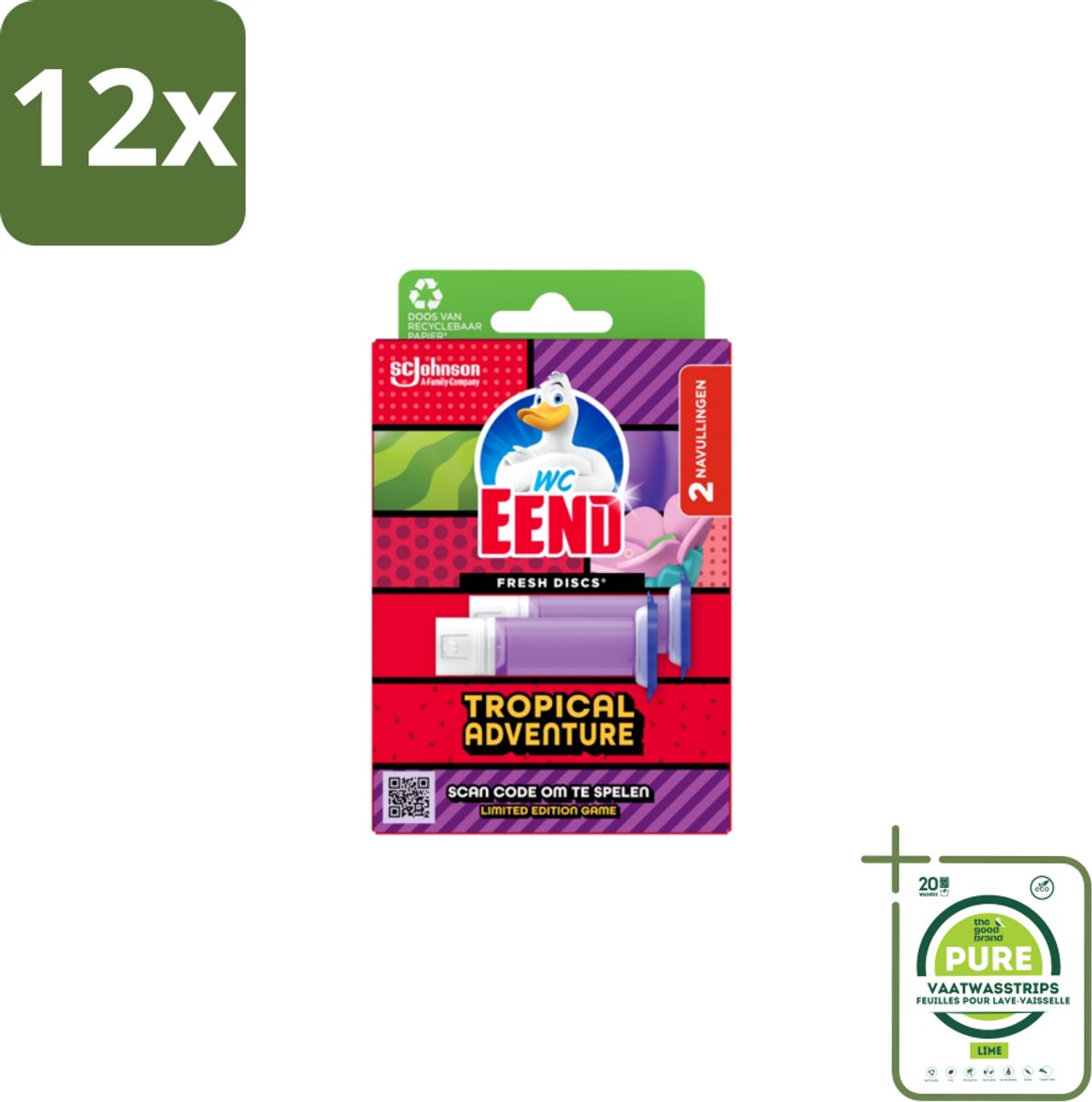 WC Eend – Fresh Discs – Duo Navulling – Tropical Adventure – 72 ml - Voordeelverpakking - 12 stuks - Toilet reinigen - Toilet geur