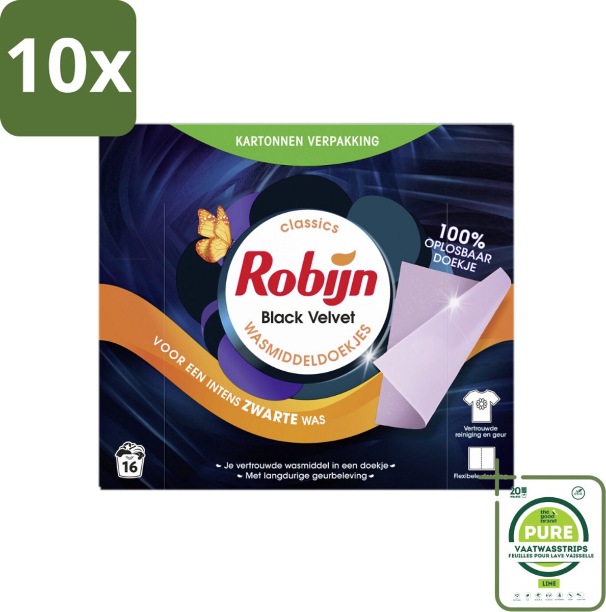 10 x Robijn Classics - Black Velvet - Wasmiddeldoekjes - 16 Wasstrips - Grootverpakking - Wasmiddel - Wasstrips - Zwarte Kleding - Wasverzachter - Wasmiddelen