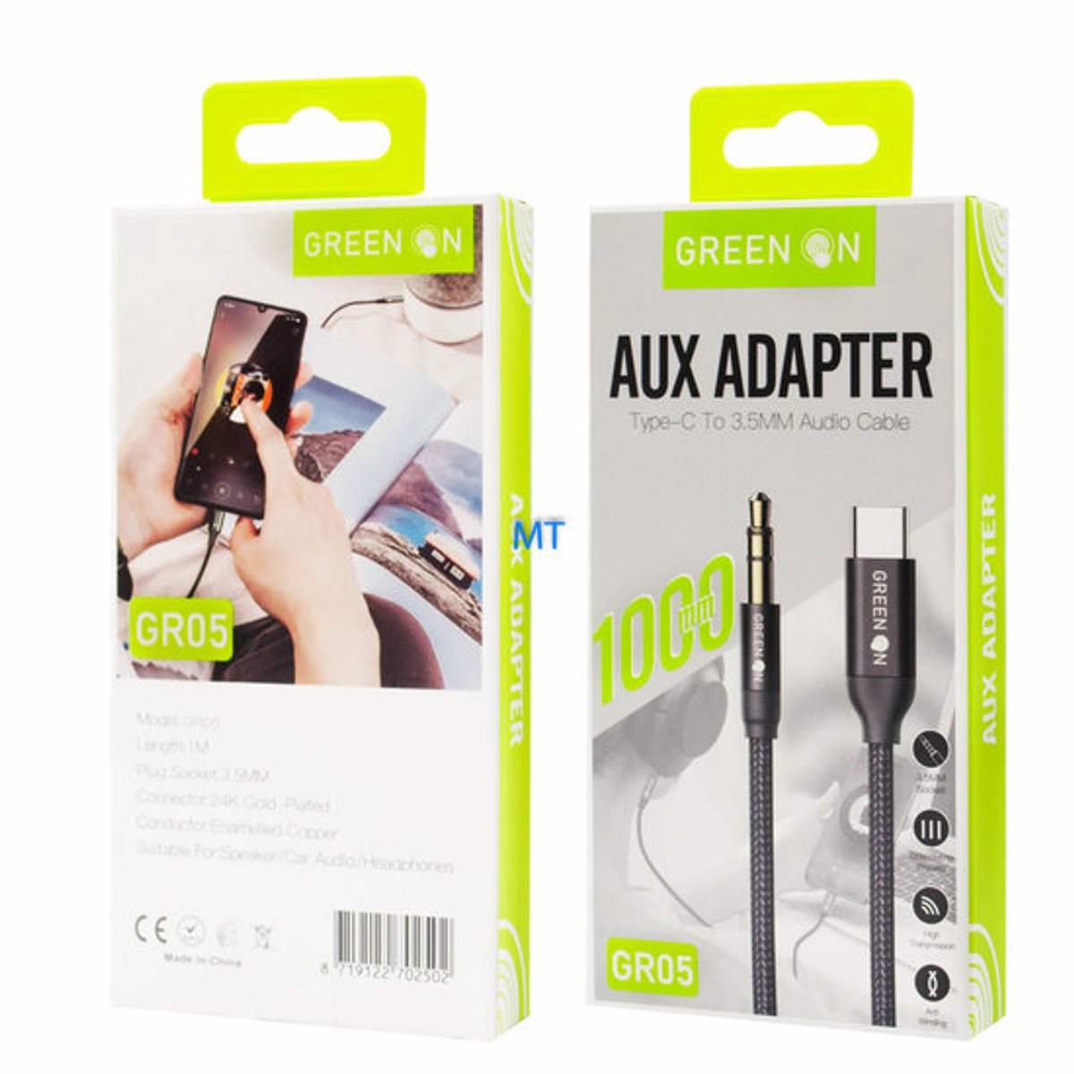Green on - aux adapter - type c to 3.5 mm audio kabel - 1 meter