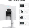 Witte gamemonitor met multifunctionele voet, toont hoogteverstelling, kantelen, draaien en pivot-instellingen.