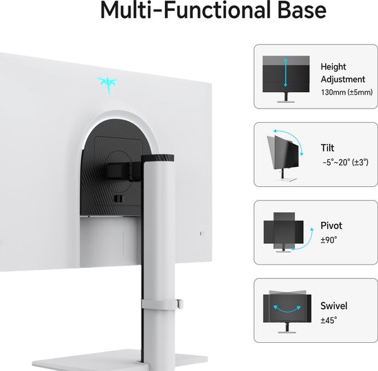 Witte gamemonitor met multifunctionele voet, toont hoogteverstelling, kantelen, draaien en pivot-instellingen.