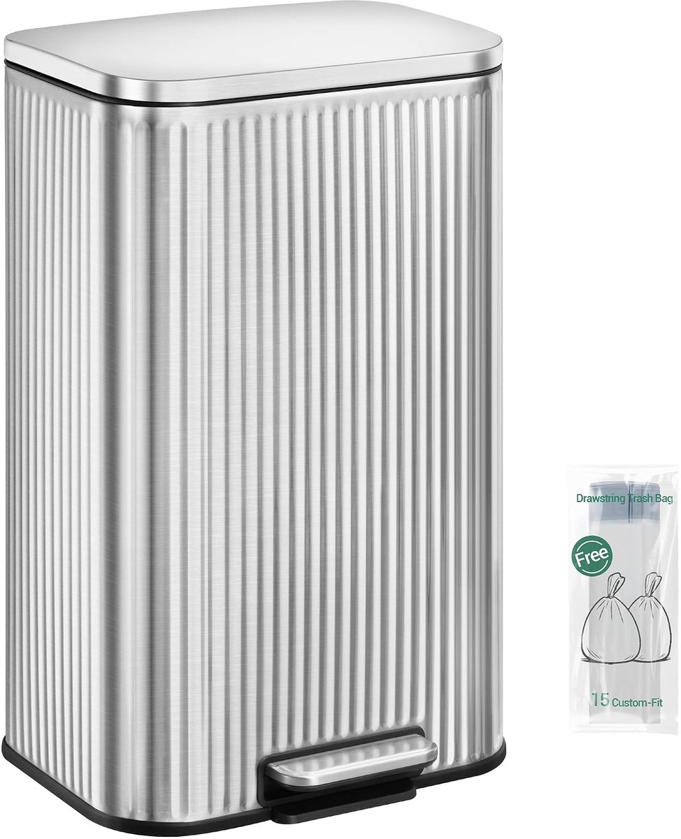 Hzuaneri Keukenafvalemmer, 30 liter pedaalemmer met uitneembare binnenemmer, ontwerp met verticale strepen, deksel met soft-close-mechanisme en 15 afvalzakken inbegrepen, roestvrij staal, zilver