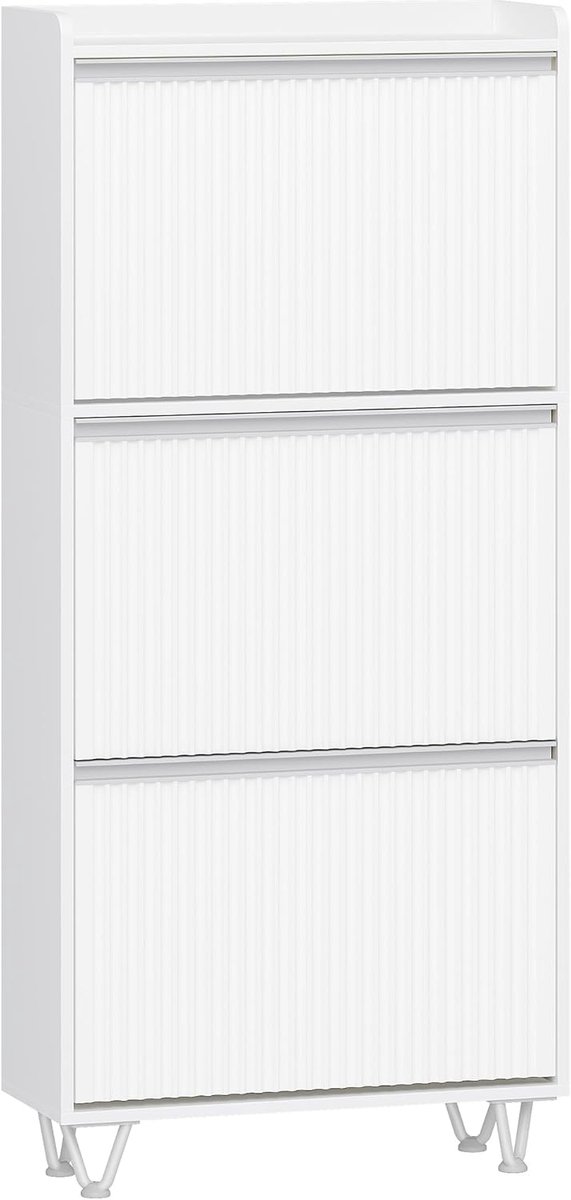 HILINSIE met 3 kleppen, golvend deurpaneel, 16-18 paar schoenen, smalle schoenenkast, verstelbaar, schoenenkast voor entree, hal, kledingkast, 24 x 60 x 146,5 cm, wit-zilver