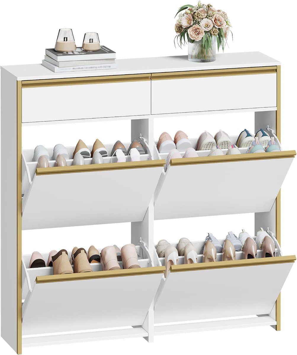 HILINSIE Smalle Schoenenkast met 4 Klapdeuren, Schoenenrek met Lade, Smalle Schoenkist met 8 Planken, 100 x 24 x 99 cm, Wit-Goud