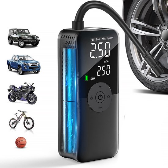 Draagbare luchtcompressor - Elektrische fietsluchtpomp - Handpomp voor auto's - Draadloze luchtpomp - Bandenpomp voor auto's, motorfietsen, fietsen, ballen, luchtmatrassen - 5200 Ah - Zwart — afbeelding 3