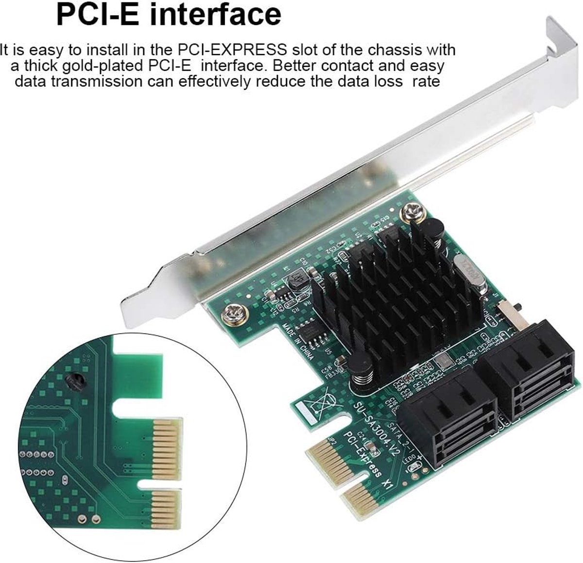 SnelShoppen - SATA 3.0 Uitbreidingskaart, 4-Poorts PCIE naar SATA 3.0 Controller Adapter 6G met Grotere Heatsink en 2U Geluidsbord