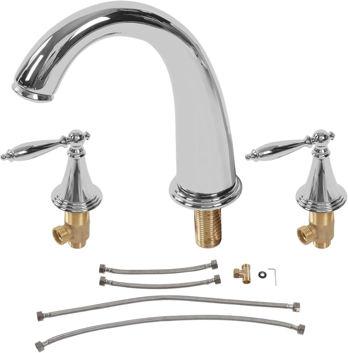SnelShoppen - 3 Gaten Wastafelmengkraan, Vintage Dubbele Handgreep Wastafelmixer, Volledig Koper Badkamerkraan met Warm en Koud Water (Zilver)