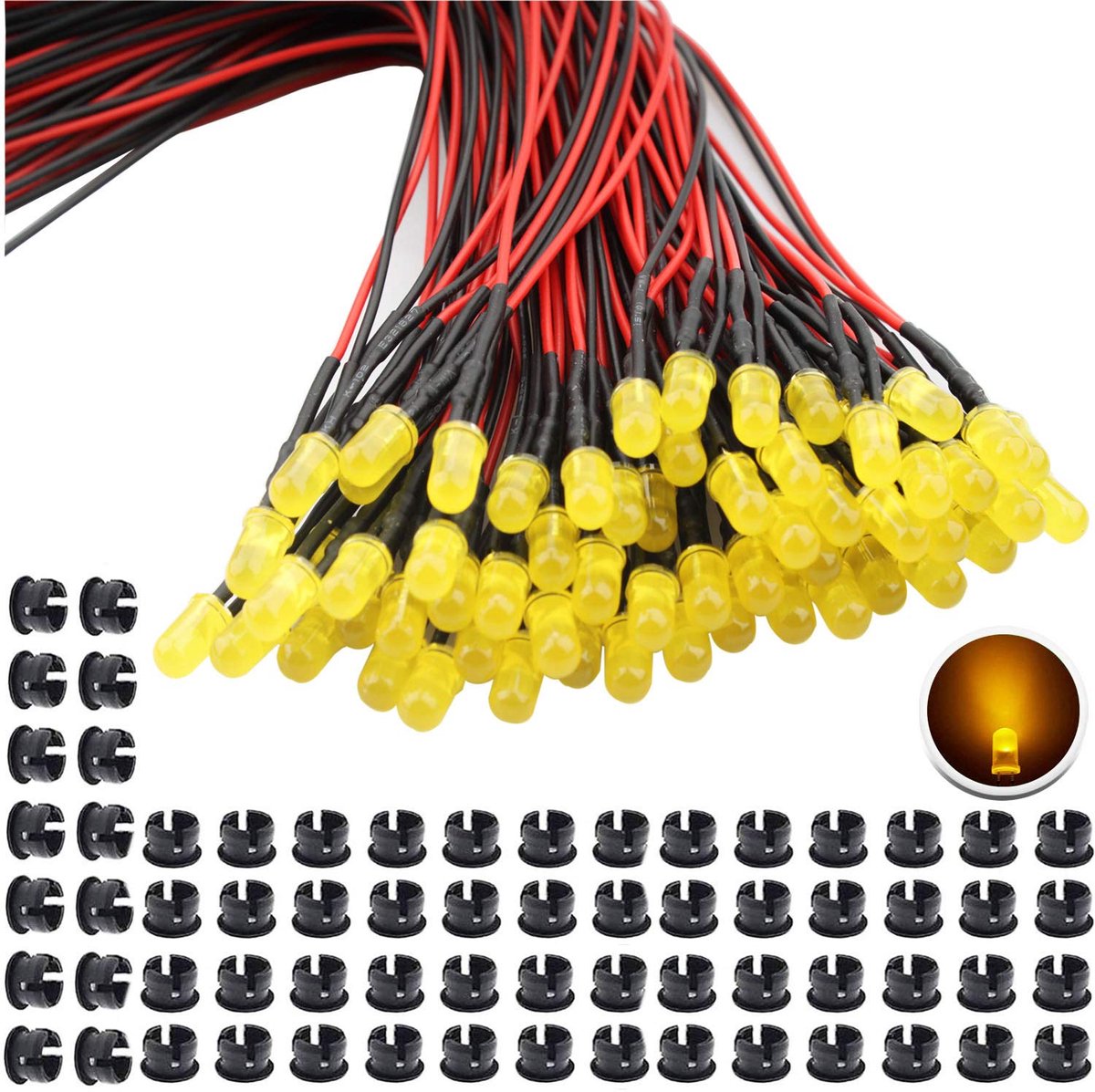 Pre-wired LED Diodes - Verlichte Diodes - Hobby Verlichting - Inclusief Montage Ring - 5mm 20cm Kabel - Geel