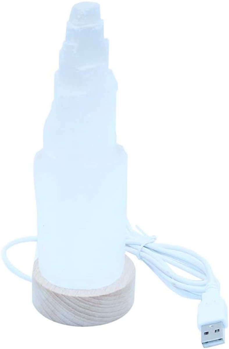SnelShoppen - Natuurlijke Steen Berg Pleister Decoraties 15cm Hoog met 6cm Ronde Houten Basis USB LED Wit Licht voor Thuis, Kantoor, Bureau
