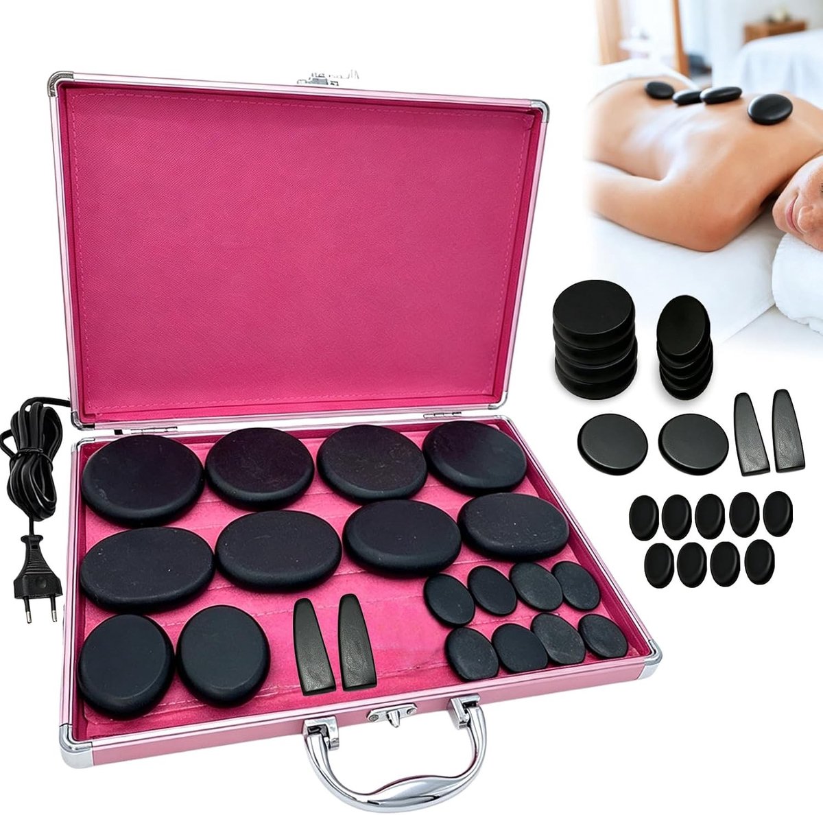 Massageset met 21 basalt massagestenen in verwarmingskoffer voor ontspanning en spa-behandelingen, ideaal voor massagetherapie en wellness