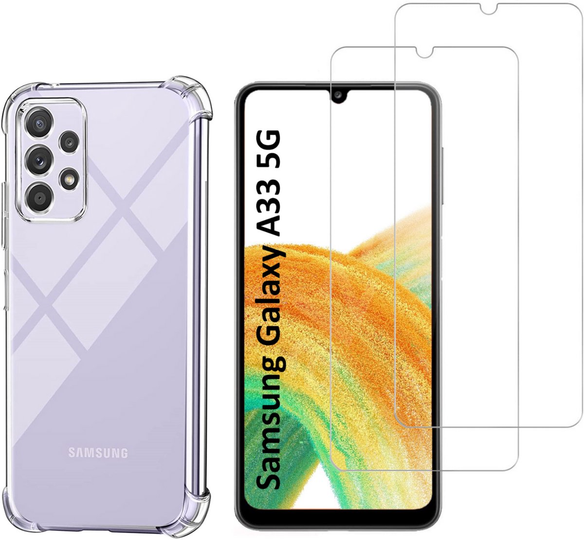 Hoesje geschikt voor Samsung Galaxy A33 5G backcover Shockproof siliconen Transparant en 2 stuks Screenprotector Gehard Glas