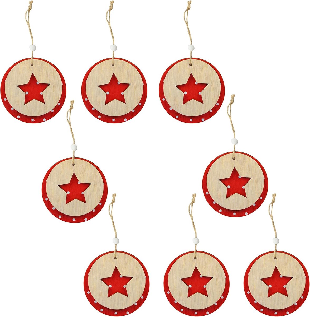 SnelShoppen - Set van 8 Kerstpendels Houten Decoratieve Kerstboom Hangdecoratie Ornamenten Met Jute Koord 3D Effect Ø 9 cm Ster Rood
