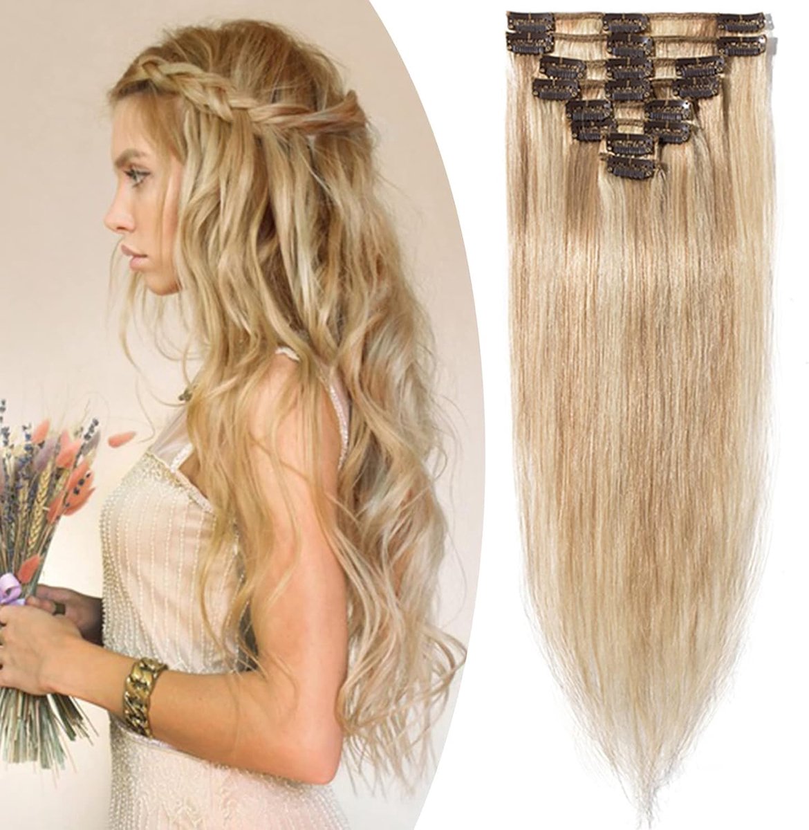 SnelShoppen - Clip-In Haarextensions, 8 Stuks, 100% Remy Menselijk Haar, Steil Haar, 45 cm (70 g), Honingblond/Lichtblond #18p613-1, Perfect voor Fees