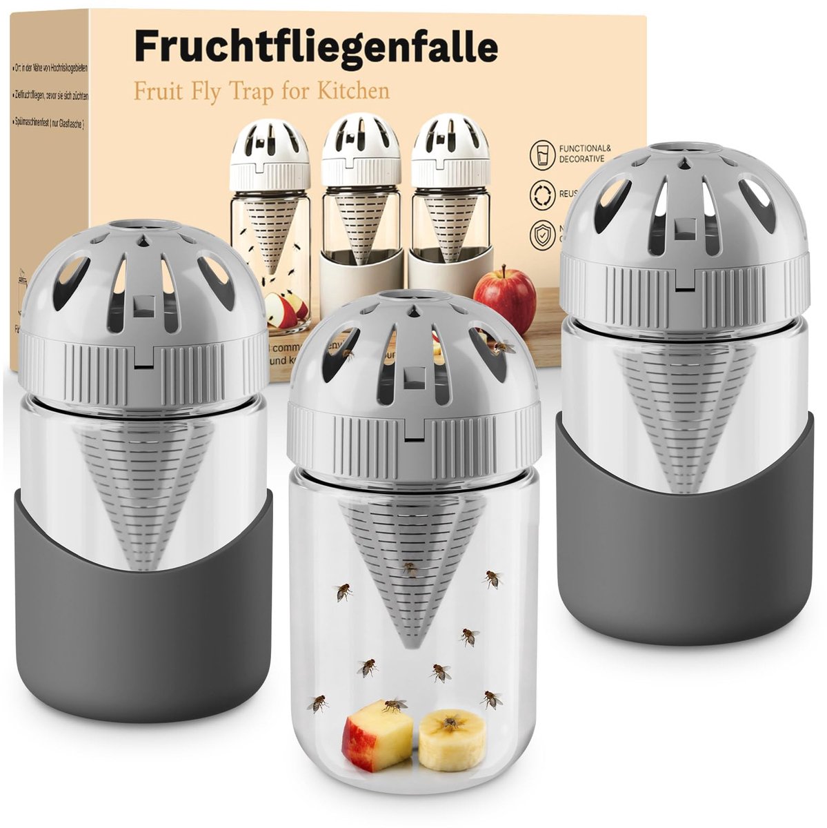 SnelShoppen - 3-pack glazen fruitvliegenval met ontsnappingsbestendig deksel, effectieve vliegenvanger voor binnen, herbruikbare vliegenvallen in lich