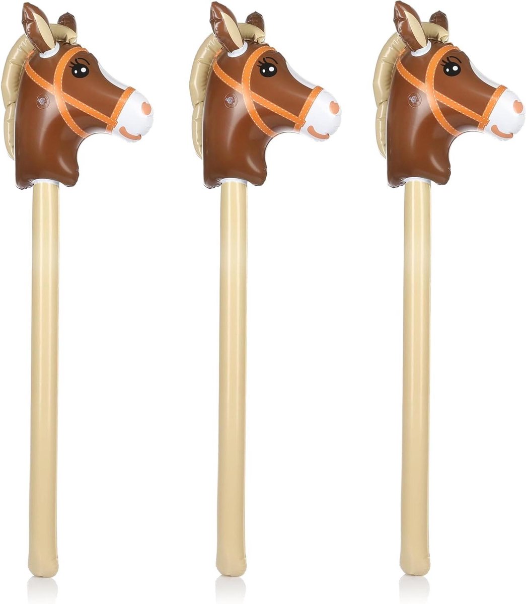 Opblaasbare Hobby Paarden - Stokpaarden Set - Kinderfeestjes Versieren - Set van Drie - 98 x 25 cm - Bruin
