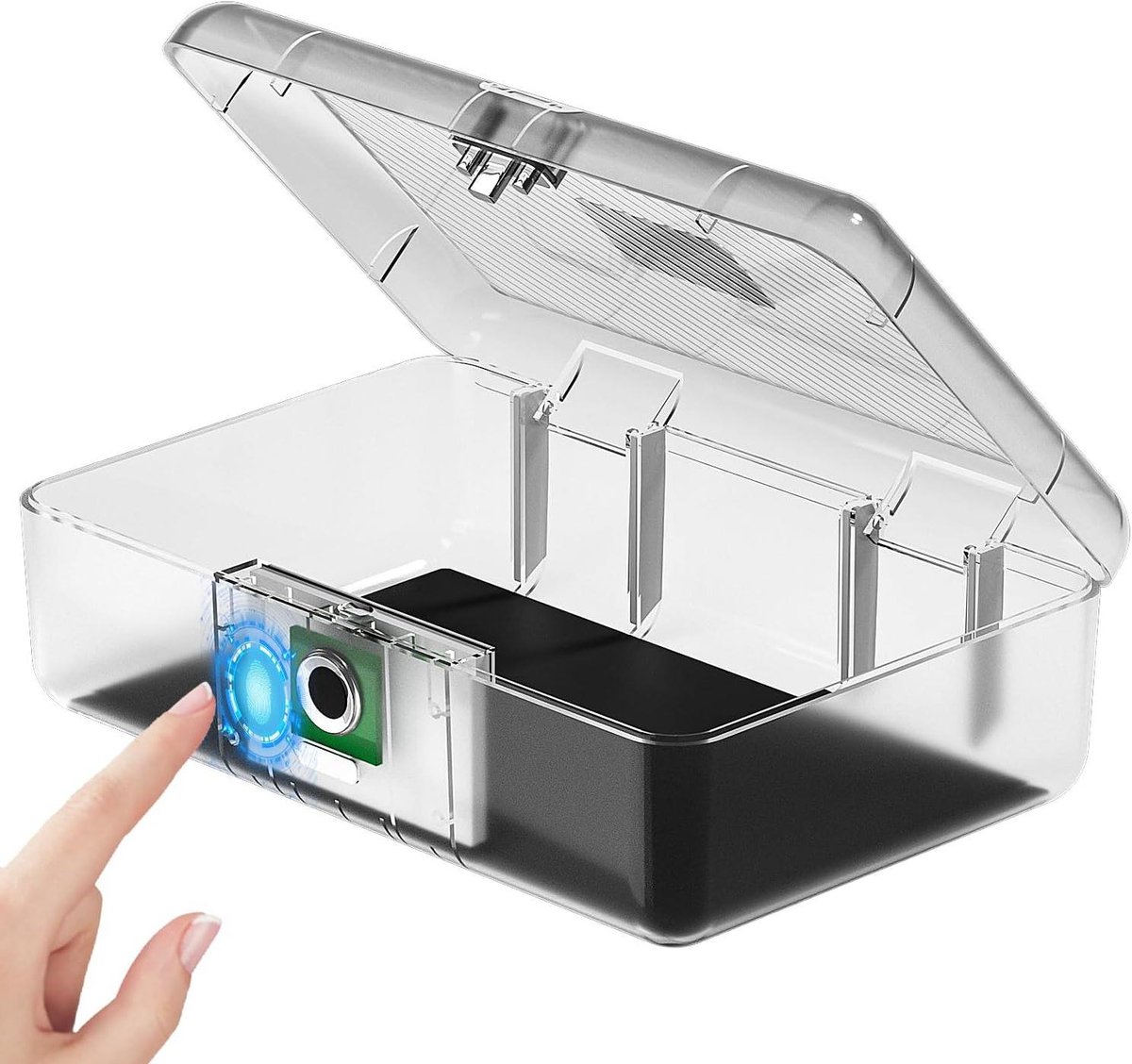 Veiligheidsbox Vingerafdruk - Kluisje Morsecode - Waardevolle Spullen Opslag - Biometrische Ontgrendeling - 24 cm Diep - Transparant
