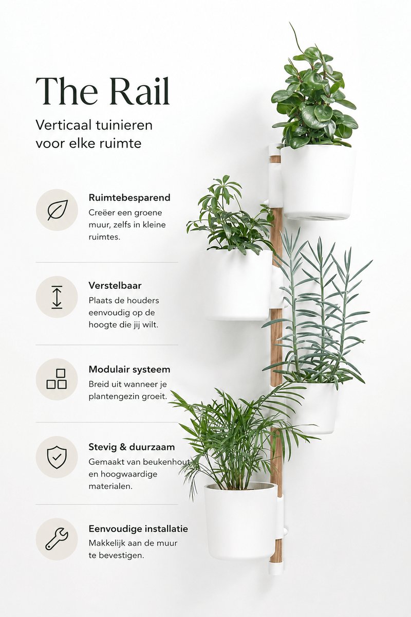 Verticale Tuin voor binnen met 4 Plantenpotten – Groene plantenwand - planten wandrek – Beukenhout - Verticale tuin voor kamerplanten – plantenmuur - Verticaal tuinieren - Verstelbare Hoogte – 3D-geprint PLA