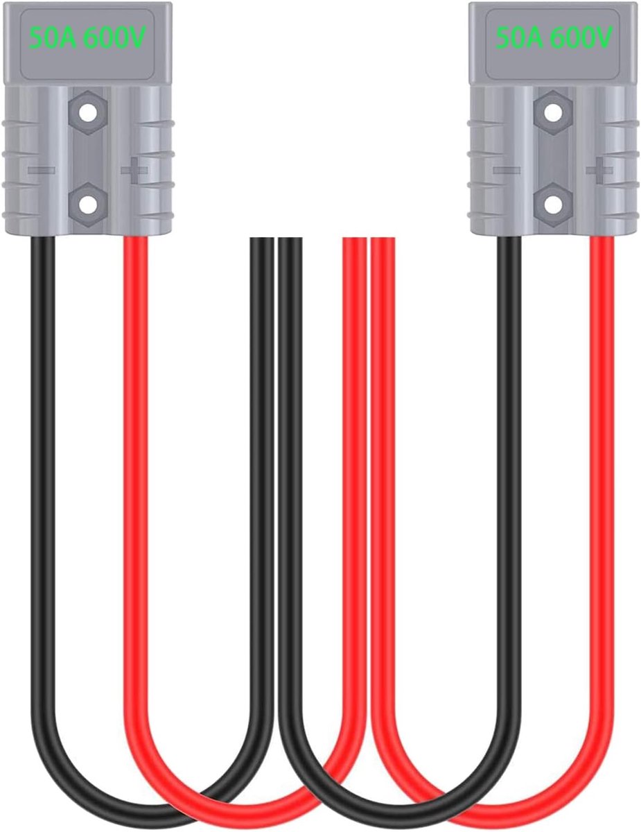 SnelShoppen - Pack van 2 Accu Connectoren, 50 A, Plug met 50 cm Kabel, 600 V, Trekhaak voor Kabellieren, Snelle Aansluiting, Connector met Stofkappen
